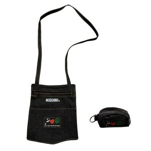 VTG 80s Moschino Denim Mini Pouch & Crossbody Bag Set Why Can't We Live in Peace